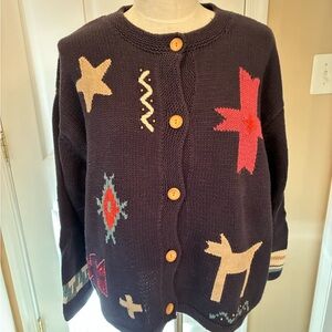 J. Jill Black Patterned Cardigan with Red and Beige Accents